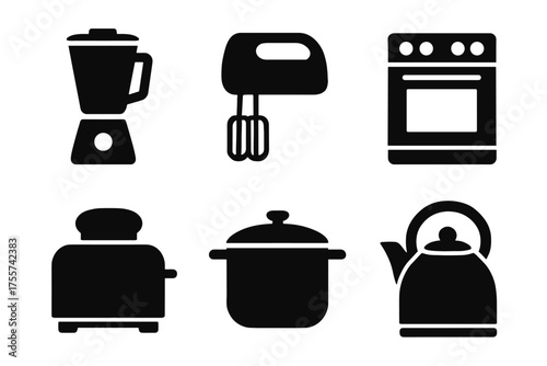Set of kitchen appliance icons: blender, mixer, oven, toaster, pot, kettle