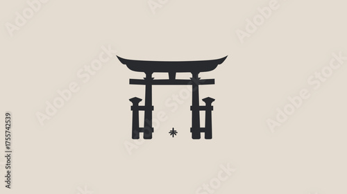 A dark, stylized silhouette of a Japanese torii gate is centered on a light beige background