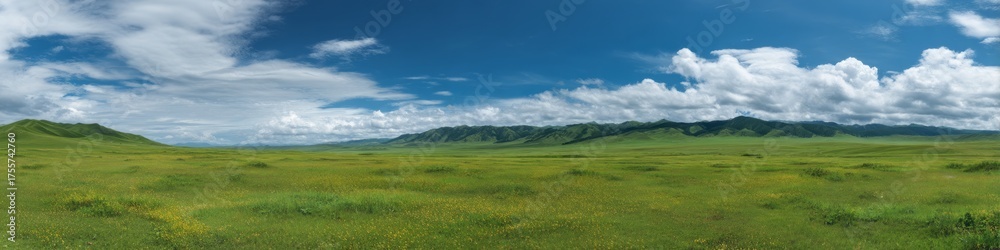 Fototapeta premium Vibrant green landscape with dramatic clouds hdr panoramic view nature environment