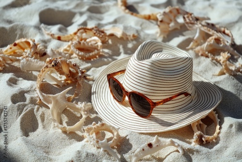 A stylish white sun hat with brown stripes and a pair of sunglasses rest on soft golden sand, surrounded by seashells under the warm sunlight, evoking a relaxing beach vacation atmosphere.