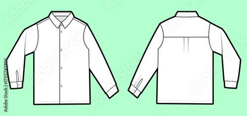 Classic Button-Up Shirt – Front & Back Technical Flat Sketch with Pointed Collar, Cuffed Sleeves, and Back Yoke Pleat