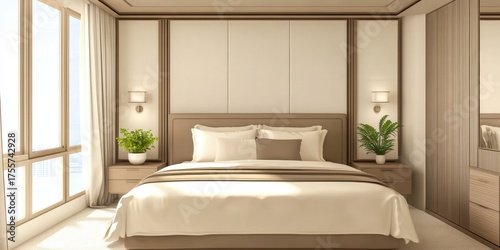 Beige hotel bedroom interior with bed and nightstand.