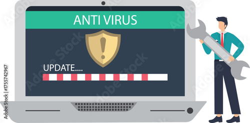 Get Protected Now Antivirus Software Installation with Technician and Update Progress Bar on Laptop for Online Security and Data Safety