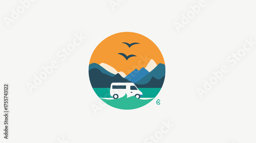 Circular logo of a white camper van amidst mountains, ocean, and birds