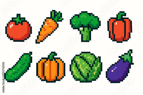 Colorful pixel art vegetables collection: tomato, carrot, broccoli, pepper, cucumber, pumpkin, cabbage, eggplant