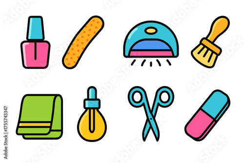 Colorful nail care tools and accessories icon set
