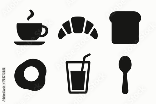 Breakfast icons: coffee, croissant, toast, egg, juice, spoon