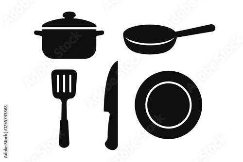 Black cooking utensils illustrations: pan, pot, spatula, knife, plate silhouettes