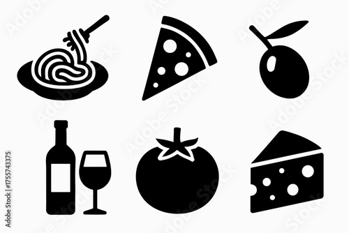 Italian cuisine icons: pasta, pizza, olive, wine, tomato, cheese