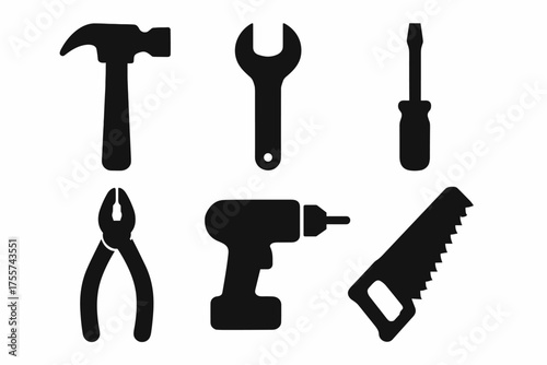 Silhouette of hand tools: hammer, wrench, screwdriver, pliers, drill, saw