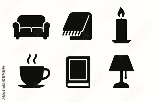 Cozy living icons: couch, blanket, candle, mug, book, lamp silhouettes