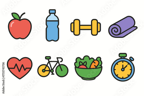 Healthy lifestyle icons: apple, water, dumbbell, yoga mat, heart, bicycle, salad, stopwatch
