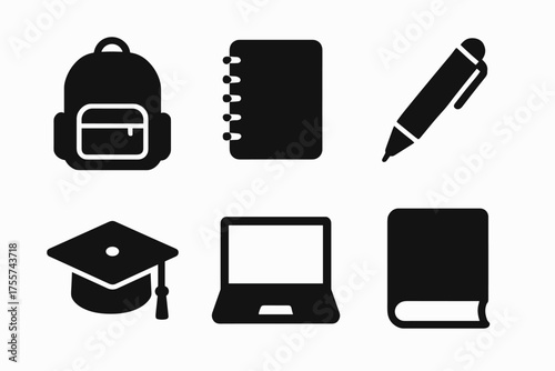Education icons: backpack, notebook, pen, graduation cap, laptop, book