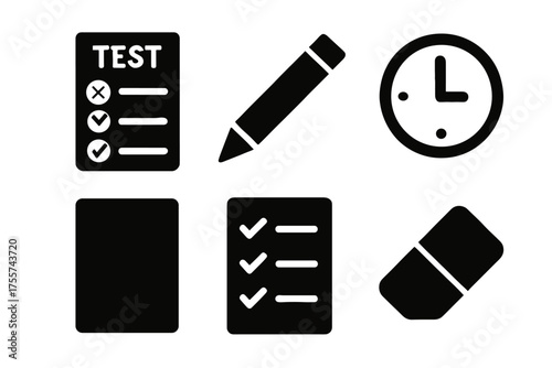 Educational icons: test, pencil, clock, paper, checklist, eraser