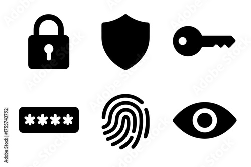 Security icons: lock, shield, key, password, fingerprint, eye