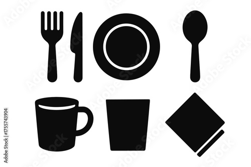 Silhouette set of dining utensils and tableware icons