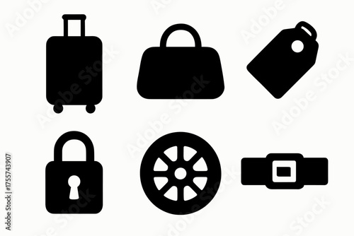 Travel icons: luggage, bag, tag, lock, wheel, belt silhouettes