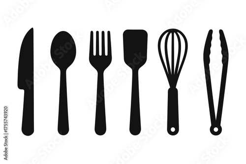 Silhouette of kitchen utensils: knife, spoon, fork, spatula, whisk, tongs