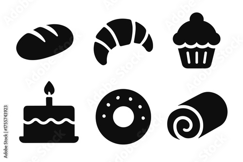 Set of bakery icons: bread, croissant, muffin, cake, donut, swiss roll in black silhouette