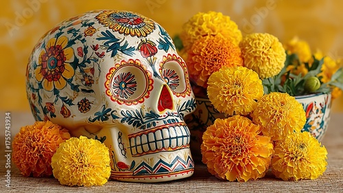 Mexican Sugar Skull with Marigold Flower on Yellow Background, Symbolizing Mexico’s Day of the Dead Celebration, Perfect for Cultural Design, Festival Posters, and Web Banners
