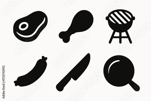 Icon set: meat, grill, sausage, knife, drumstick, pan on white background