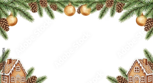 A watercolor festive border featuring gingerbread houses, pinecones, and ornaments, holiday-themed designs and greetings.