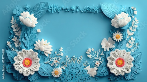 Mexican Fiesta-Themed Teal and Turquoise Paper Cut Rectangular Blank Frame with White Background and Floral Border, Vector Illustration, Flat Design