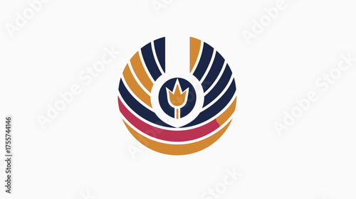 Circular emblem with stylized floral center and layered arcs