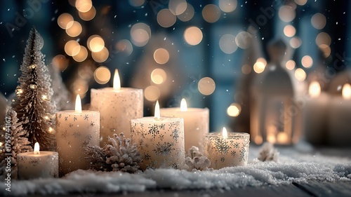 Warm Christmas Candlelight Scene with White Candles on Snow, Blurred Lights and Decorations in the Background, Creating Festive Ambiance, High-Resolution Focus Stacking Photography