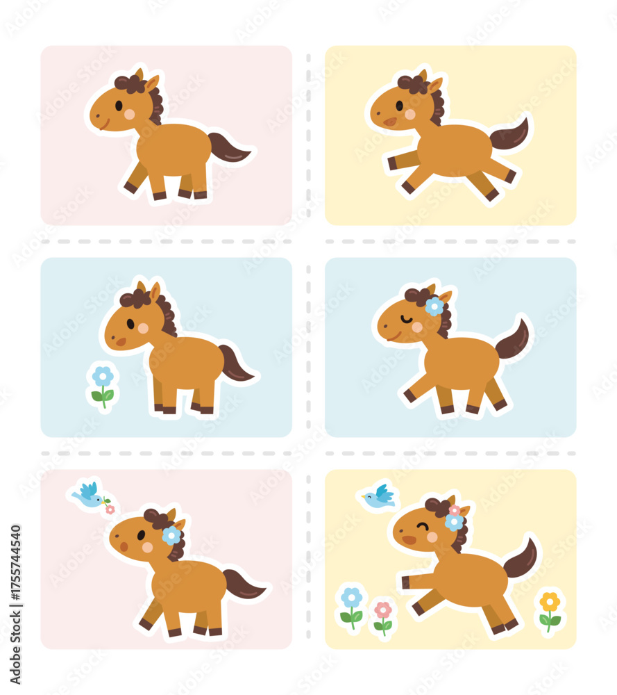 Fototapeta premium パステルカラーの背景の遊ぶ馬のイラスト