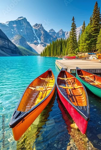 Colorful canoes at Moraine Lake surrounded by mountains and trees  