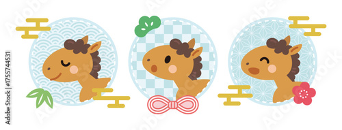 フレームの中の三頭の馬のイラスト　午年　年賀素材　青