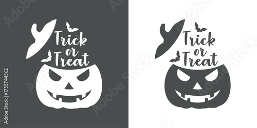 Texto trick or treat saliendo de una calabaza de Halloween con murciélagos, para su uso en invitaciones y tarjetas