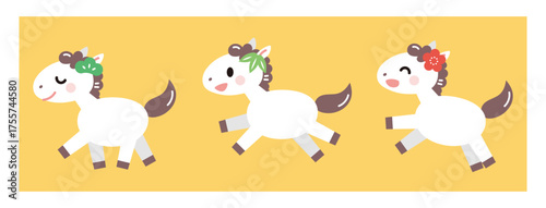 松竹梅の飾りをつけた白馬のイラスト　午年　年賀素材