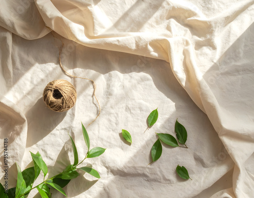 A minimalist eco flat lay showcasing organic textures and sunlight for sustainable lifestyle visuals.