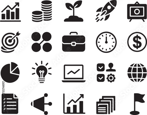 Collection of business growth icons representing success strategy development and finance concepts
