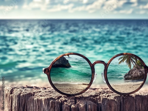 Round sunglasses placed on a weathered wooden post by the ocean, reflecting a tropical beach with turquoise waves, golden sand, palm trees, and rocky cliffs, evoking a dreamy vacation .