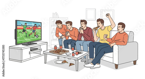 A group of young men friends watching a soccer match on television, cheering and celebrating a goal together at home