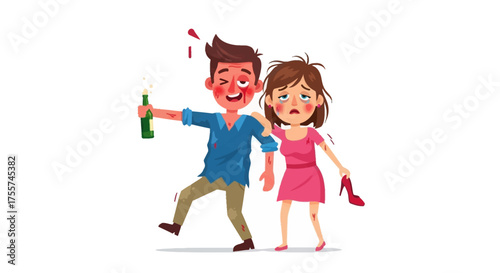 A caring woman supports her heavily intoxicated partner, guiding him home after a night of excessive drinking and partying