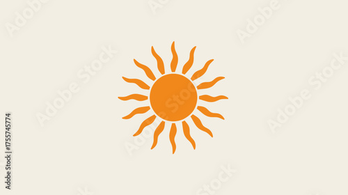 A minimalist, graphic illustration of an orange sun with wavy rays on a beige background