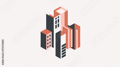 Isometric minimalist buildings in muted tones on a plain background