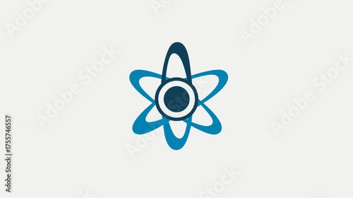 A blue atomic symbol with a dark nucleus on a light gray background