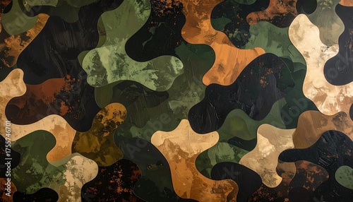 Camouflage pattern with irregular green, brown, beige, and black shapes