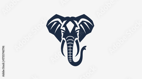 Stylized dark blue elephant head with wide ears and curved trunk on white