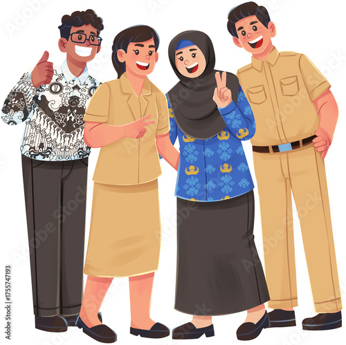Happy Indonesian Teachers Posing Together Illustration