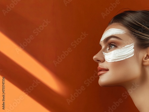 A woman with glowing skin and white facial cream applied under her eyes and forehead gazes into the distance against a warm orange background. The image conveys beauty, skincare, and self-care themes.
