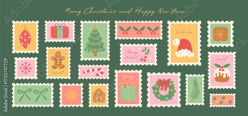 Set of vintage Christmas postage stamps. Winter holiday postage stickers. Xmas celebration mail postmark. Hand drawn Christmas tree, gifts, bow, gingerbread, baubles, candy. Vector illustration.