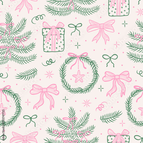 Christmas hand drawn vintage seamless pattern in line sketch style. Christmas tree, gifts, holiday wreath, bows, stars, snowflake. Retro background in pink and green colors. Vector illustration.