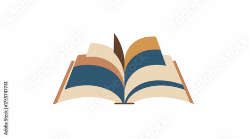 An open book with fanned pages in earth tones and blue