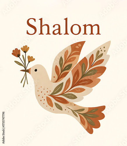 Dove of shalom flying with flowers, a symbol of peace and hope